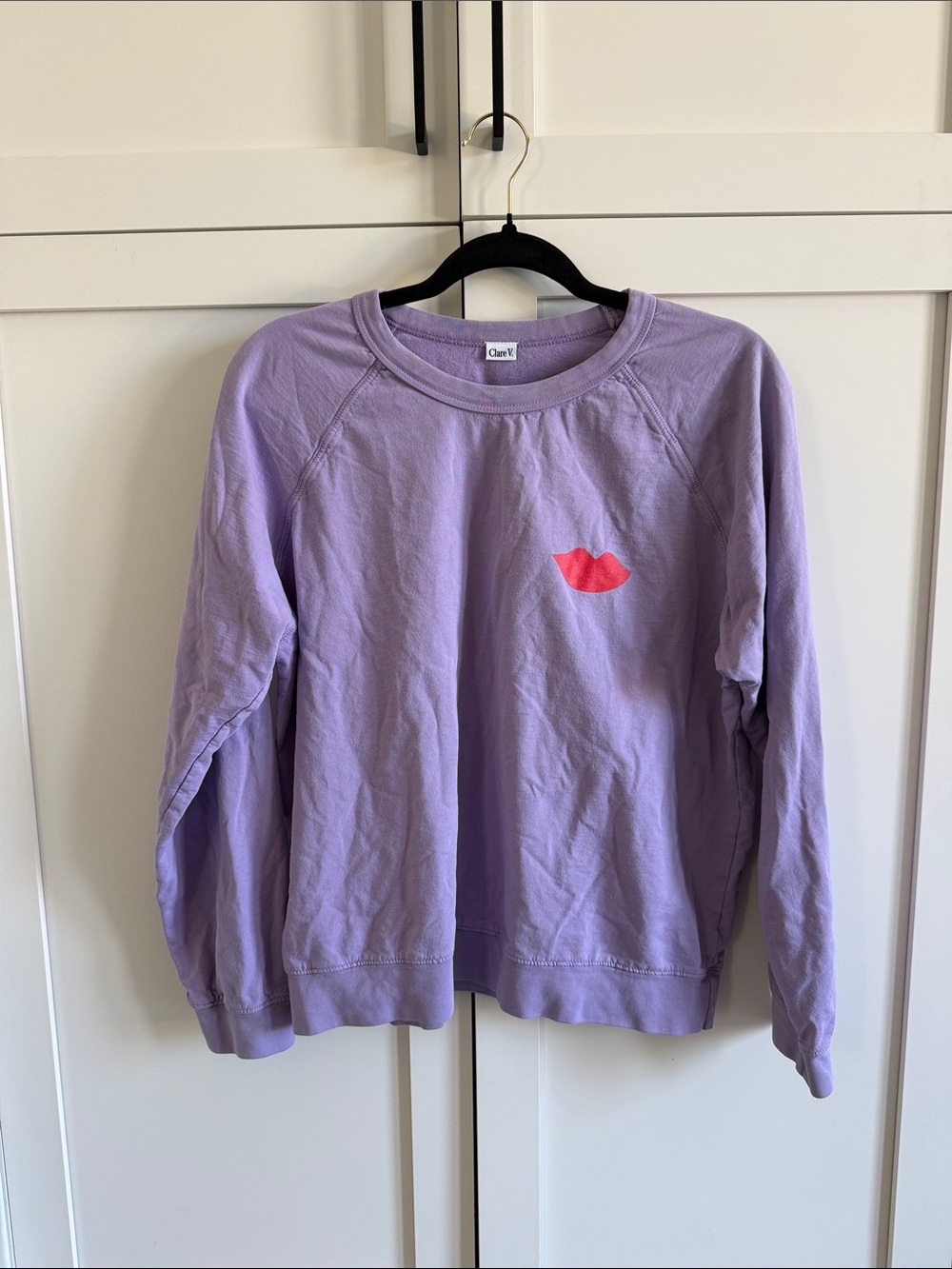 Clare V Lavender Crewneck with Coral Lip Motif